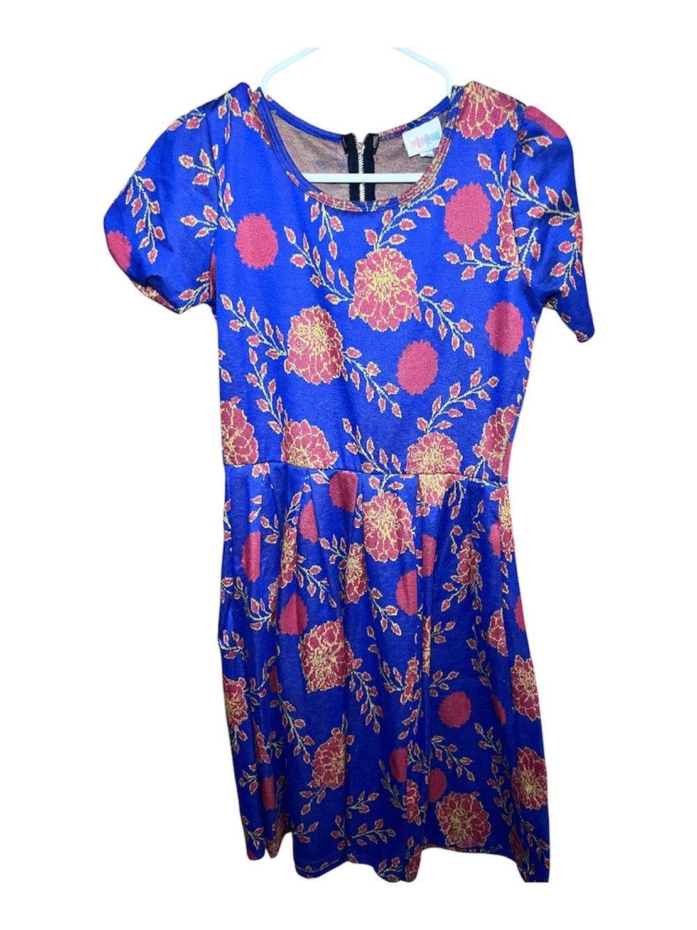LuLaRoe Royal Blue Floral High-Low Dress with Pink & Gold Accents